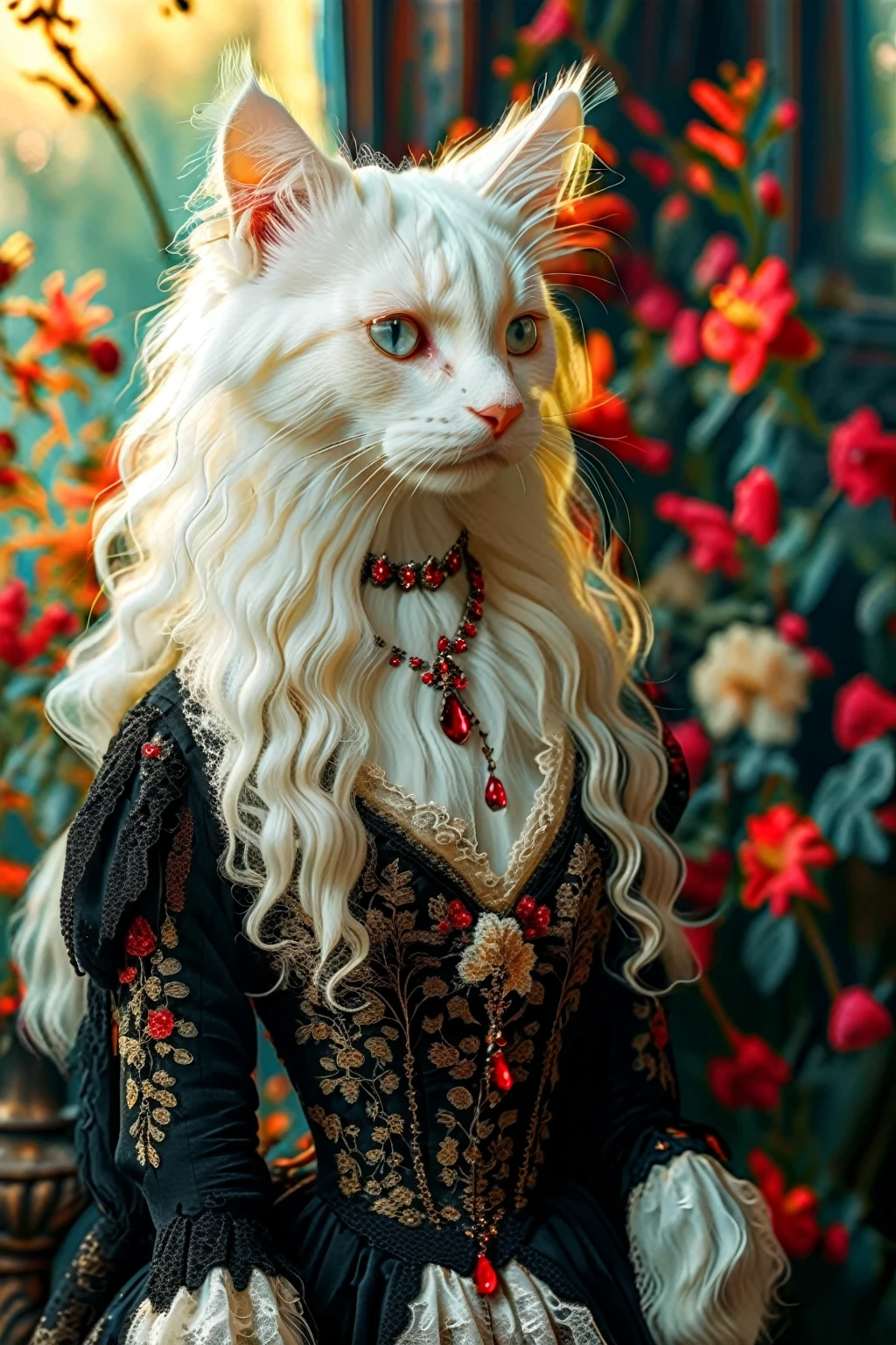 Realistic portrait of dressed animal - beautiful long-haired white cat, beautiful long hair, (mysterious forest with various glowing plants and beautiful mysterious glowing flowers), high quality,(nice),intricate details, very detailed ((elegant lace black Victorian dress dress, red ruby necklace)) Antique picture, nostalgia, very detailed decorations,,(languid), low light(Full Length Image:1.5)Golden Hour