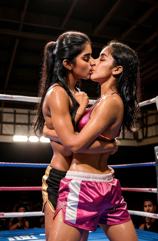 2girls, 18 years old indian girl, topless, wrestling shorts, teared at vagina, (((erotic, kissing))), saliva, wet body, in boxing ring, bright lighting