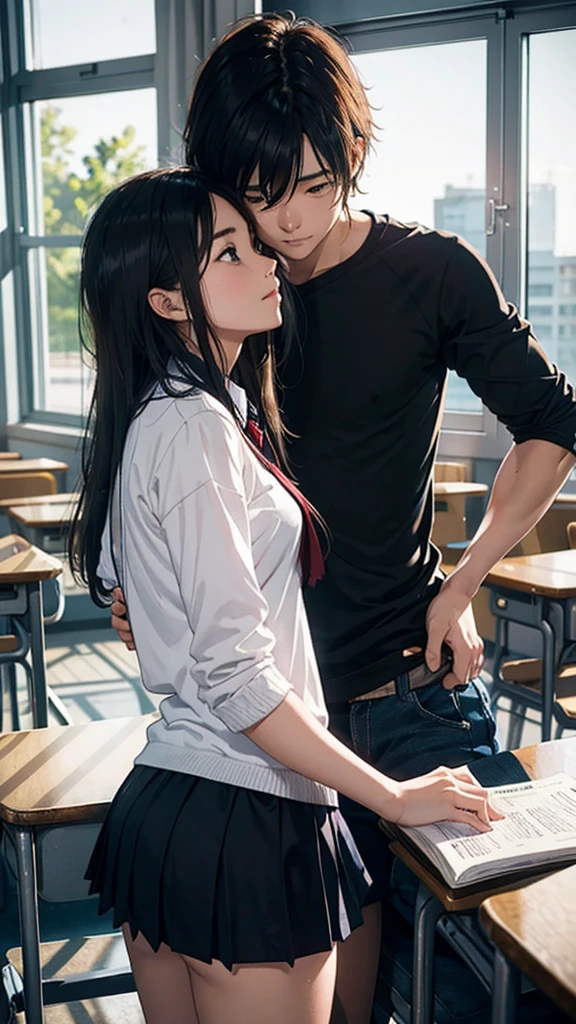a young couple in a school classroom, girl wearing tight clothes he studying at a desk, morning sunlight streaming through windows,