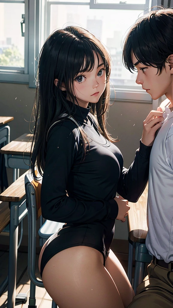 a young couple in a school classroom, girl wearing tight clothes he studying at a desk, morning sunlight streaming through windows,