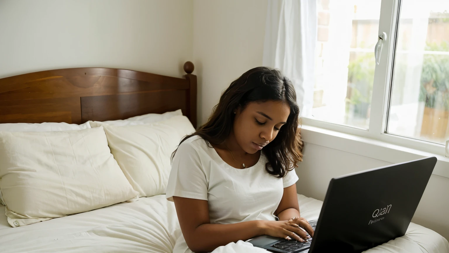 ((melhor qualidade)), (foto), (detalhado), black woman sitting on the double bed in the bedroom with the laptop on her lap, face focused on work, cat sleeping next to her, photo, hd, realistic, detailed