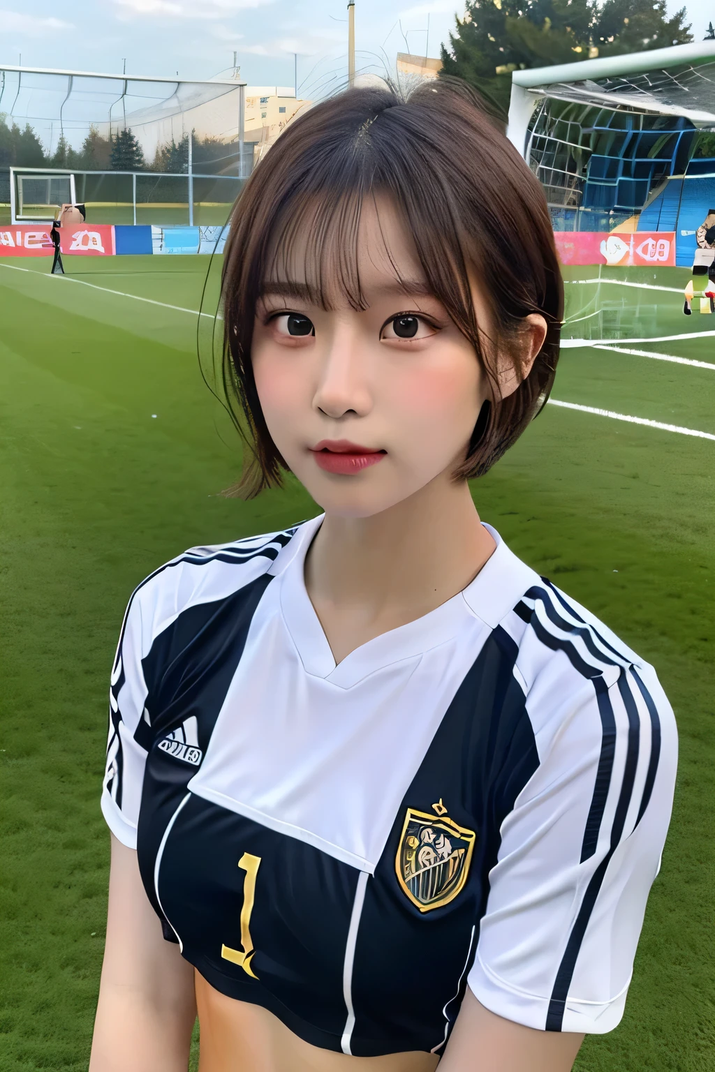 ((Best quality, 8k, Masterpiece :1.3)), 1girl, Pretty woman with emphasizing  abs :1.3, (short cut hairstyles, Huge breasts),Ultra-detailed face, Detailed eyes, Double eyelid,((Sports Photography)),(soccer:1.4)),