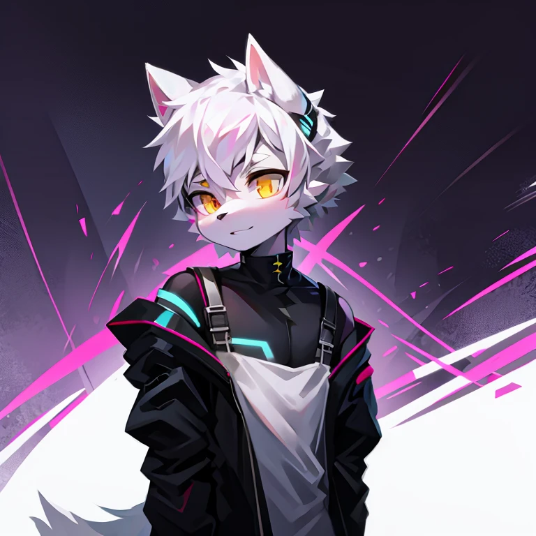 cyber punk perssonage,epcot,Tech style,solo person,White body,White ears,White hair,Overall white,Orange-yellow eyes,Wolf tail,Wolf orcs,Young,Wear a short-sleeved shirt,Ultra-clear screen,Soft lines