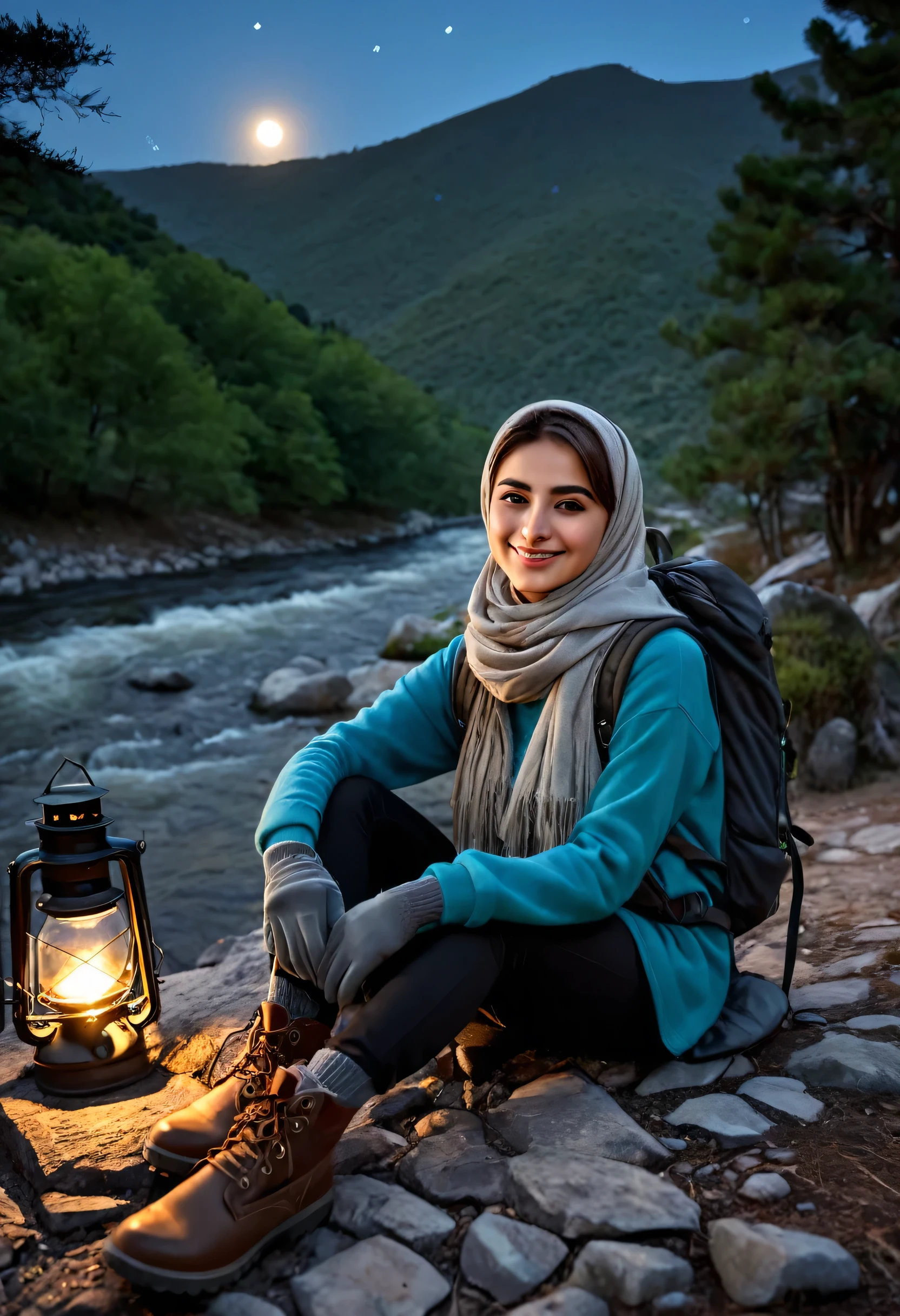 Masterpiece , Realistic,32K, high resolution , a turkish girl hjab,perfect skin,perfect eyes,ultra delicate face, sitting ,((upper body selfie ,happy)), best quality, ultra-detailed, ground, outdoor, (at night), mountains, nature, (stars, moon) cheerful, happy, backpack, bag sleeping, camping stove, water bottle, mountain boots, gloves, sweater, lantern,darkness, forest, stones, river, wood, smoke, shadows, contrast, clear sky, style, (warm hue, warm tone)