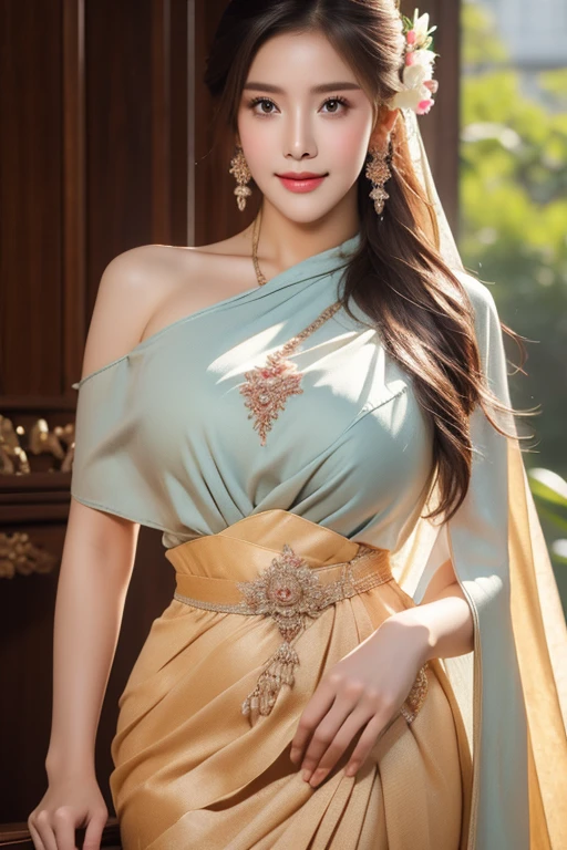 (raw photos:1.2), (realistic:1.4), (Masterpiece:1.3), (best quality:1.4), Ultra high resolution, (Detailed eyes), (Detailed facial features), (Detailed clothing features), HDR, 8K resolution, Focus only, Dressing according to Thai tradition, traditional shawl , 1 woman , shy smile, Huge breasts, A gigantic rift, Big breasts push up clothes, big breast, fully grown breasts, Enhance your breasts to make them enormous., small waist, Long legs, Facing the audience, Full body, depth of field, Cinema-grade lighting, large breasts,