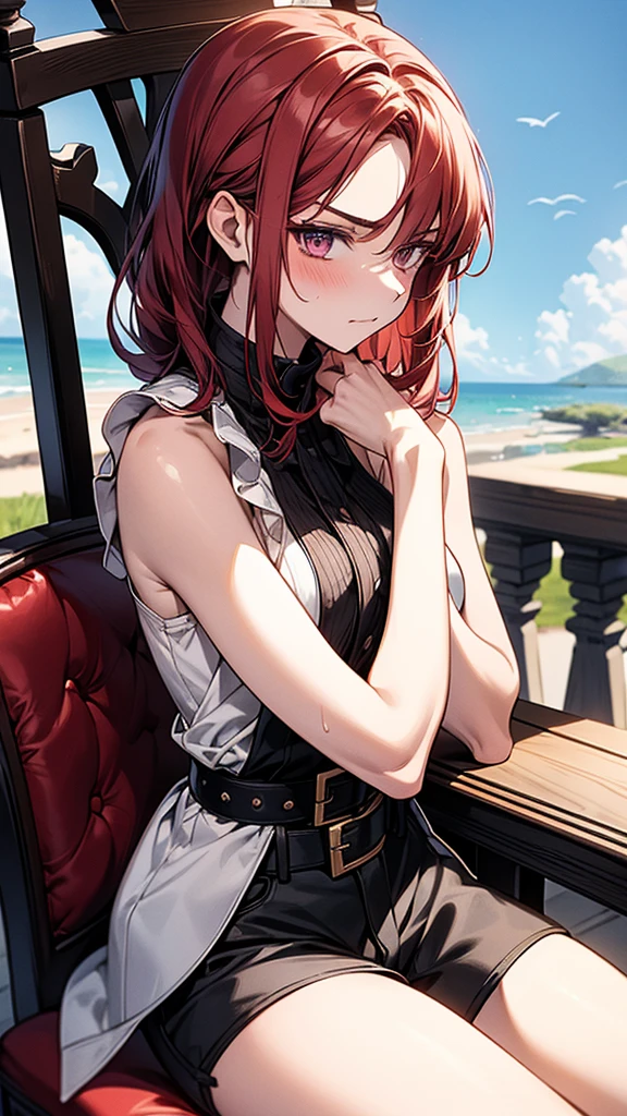 {{masterpiece}}, {{{Highest quality}}},{{Very detailed}},1girl,30years old,{Mature Woman}},Cowboy Shot,from side,{{Small breasts}},{{Female Fighter}},{{Shorts:1.4}},{{Sit on a chair and take a rest}},Slim body,{{Slender body}}、barefoot,{{A loose, sleeveless Western-style shirt worn by soldiers.}}、Shorts belt black fingerless gloves Red Hair ruins,,{{v-shaped eyebrows}},Bad mood,blush、Sweat, View your viewers、
