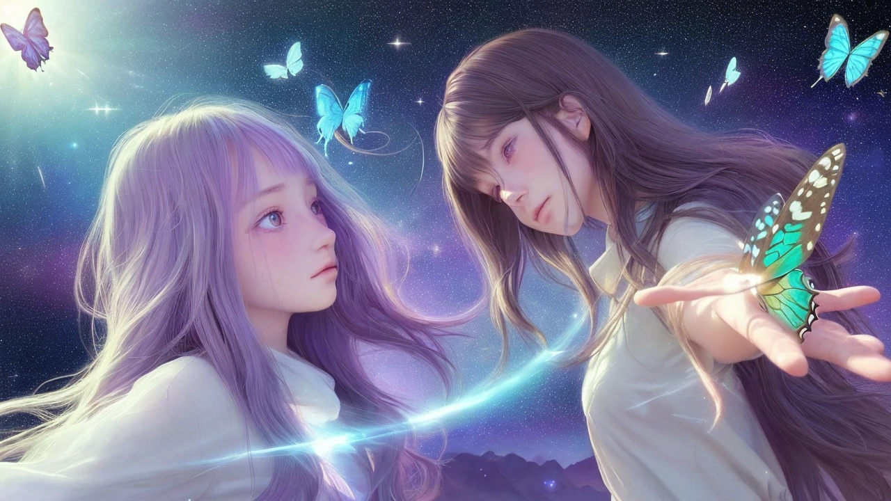 With long hair and a butterfly in her hand、A teenage girl gazing at the stars, Magic emanates from the palm of her hand, Wonderful,Ultra-realistic,, Magic Particles, Has magical powers, Anime girl with space-like hair, realism | Beep, Light effects,Modern fantasy,