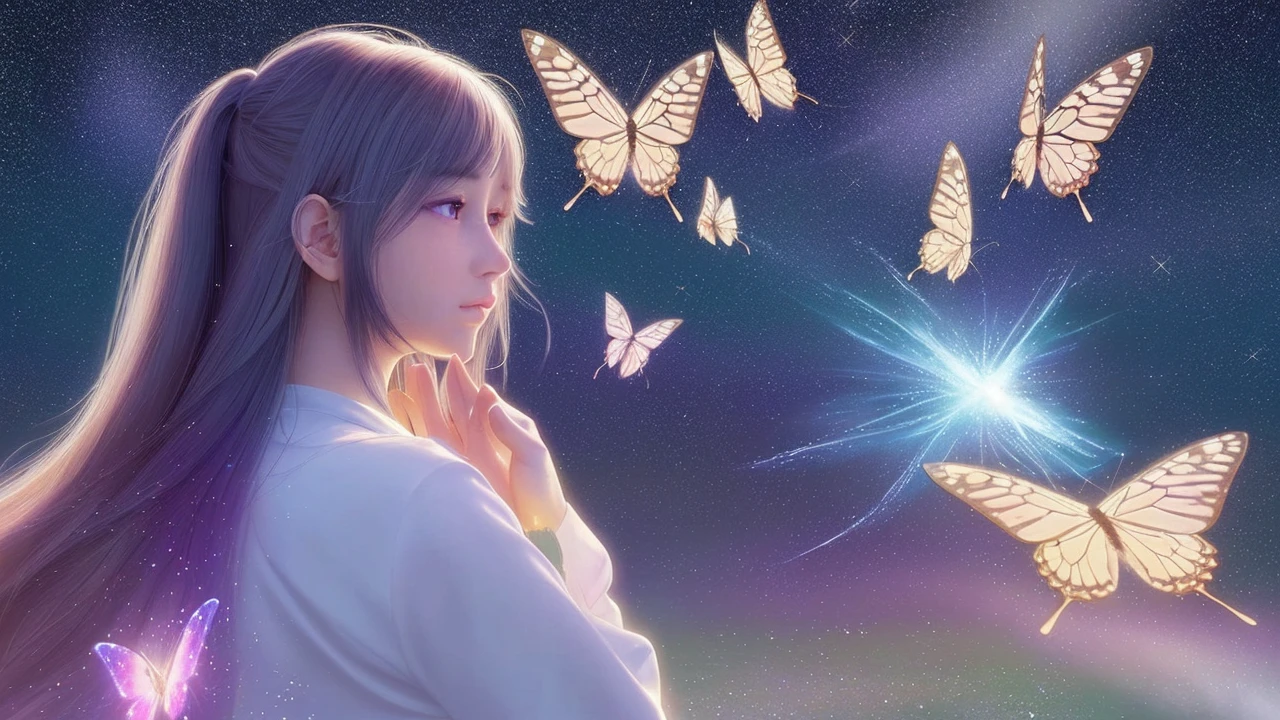 With long hair and a butterfly in her hand、A teenage girl gazing at the stars, Magic emanates from the palm of her hand, Wonderful,Ultra-realistic,, Magic Particles, Has magical powers, Anime girl with space-like hair, realism | Beep, Light effects,Modern fantasy,