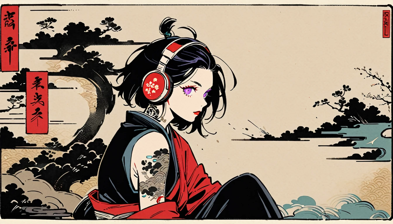 Purple Eyes, Ink Painting, 1 girl, tattoo, sunglasses, Japanese style headphones, beautiful girl, Black Hair, peace, Delicate and precise, Modern ukiyo-e style, punk