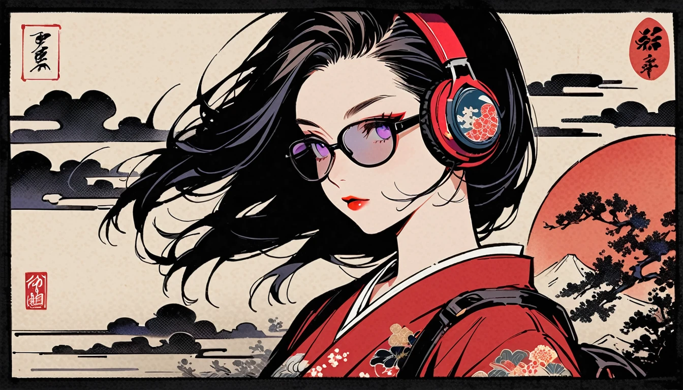 Purple Eyes, Ink Painting, 1 girl, tattoo, sunglasses, Japanese style headphones, beautiful girl, Black Hair, peace, Delicate and precise, Modern ukiyo-e style, punk