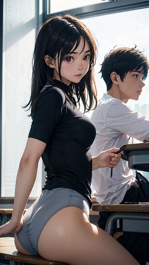 a young couple in a school classroom, girl wearing tight clothes he studying at a desk, morning sunlight streaming through windows,
