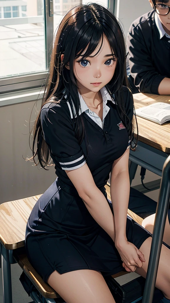 a young couple in a school classroom, girl wearing tight clothes he studying at a desk, morning sunlight streaming through windows,