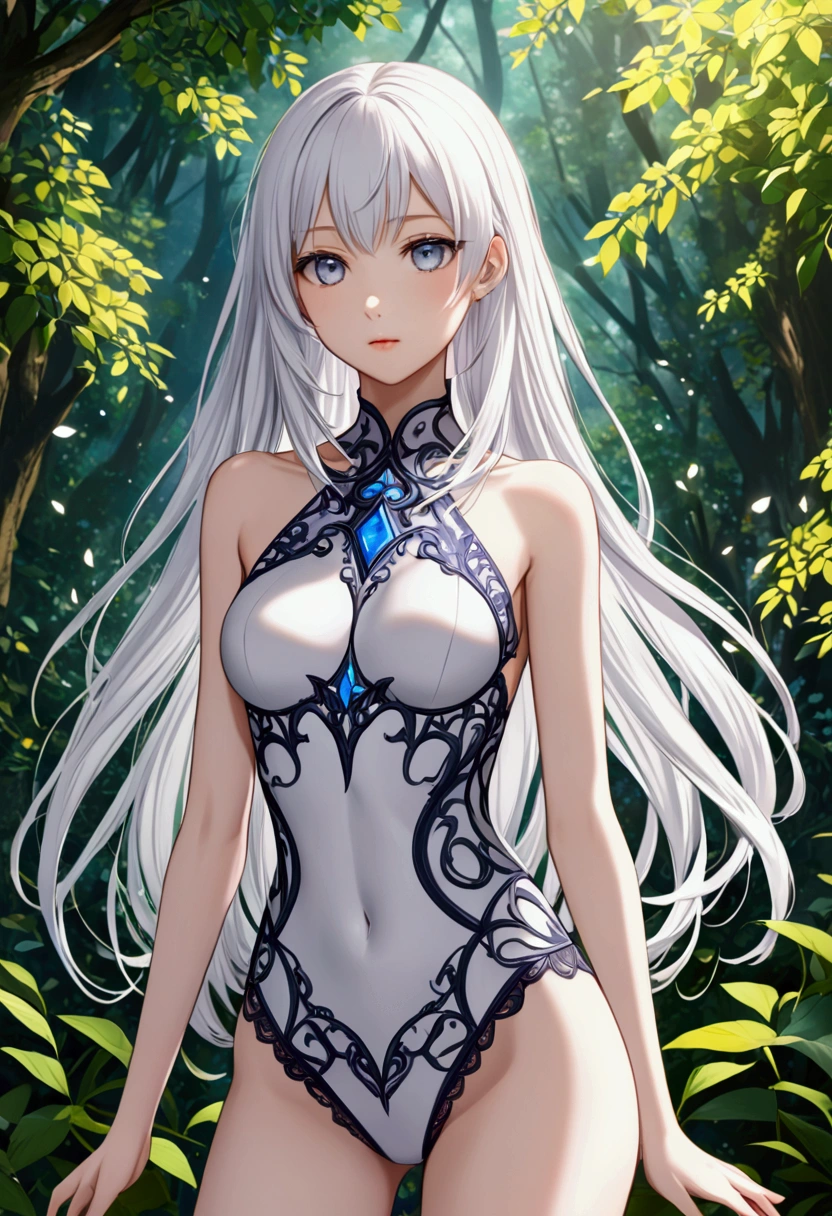 A girl with long white hair,grey eyes,fair skin tone,slender built, detailed eyes, detailed body, 8k highres best quality. 