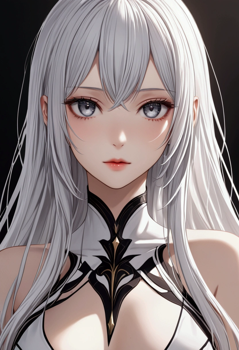 A girl with long white hair,grey eyes,fair skin tone,slender built, detailed eyes, detailed body, 8k highres best quality.