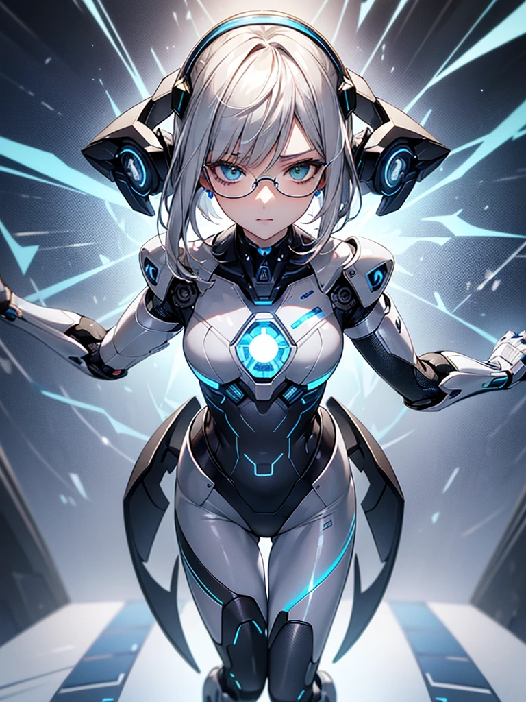((Biologically correct limb count))、(( Full-body photo including face))、4K、((Standing position))、masterpiece、((Focus on the face))、((Symmetrical facial features))、, (Natural skin texture, Detailed skin, detailed eyes、 Hyperrealism, Sharpness),An intelligent and calm humanoid AI、Futuristic accents are added to sleek tailored suits in rich blue or grey.。The suit、Features subtle cybernetic details and shiny materials。AI、Platinum blonde or silver hair and neatly styled、Has piercing blue or green eyes with subtle digital patterns。For accessories、Includes minimalist earphones and sleek glasses。A small holographic display projects data from the AI's back.。The setting is a high-tech digital library、Includes bookshelves and floating data screens。AI、Flip through a book、Interacting with the data screen、Depicted in a contemplative pose。In a completely different expression。