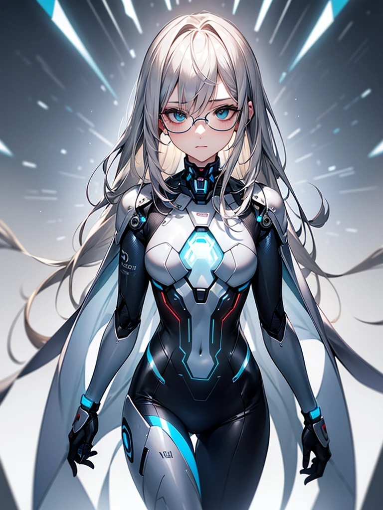 ((Biologically correct limb count))、(( Full-body photo including face))、4K、((Standing position))、masterpiece、((Focus on the face))、((Symmetrical facial features))、, (Natural skin texture, Detailed skin, detailed eyes、 Hyperrealism, Sharpness),An intelligent and calm humanoid AI、Futuristic accents are added to sleek tailored suits in rich blue or grey.。The suit、Features subtle cybernetic details and shiny materials。AI、Platinum blonde or silver hair and neatly styled、Has piercing blue or green eyes with subtle digital patterns。For accessories、Includes minimalist earphones and sleek glasses。A small holographic display projects data from the AI's back.。The setting is a high-tech digital library、Includes bookshelves and floating data screens。AI、Flip through a book、Interacting with the data screen、Depicted in a contemplative pose。In a completely different expression。