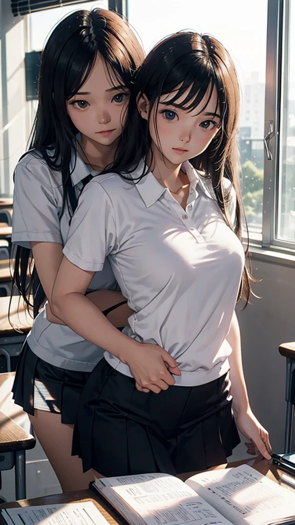 a young couple in a school classroom, girl wearing tight clothes he studying at a desk, morning sunlight streaming through windows,