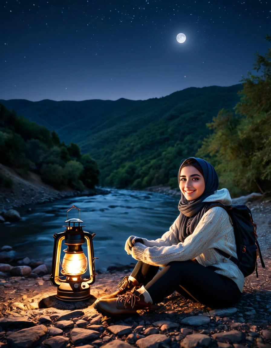 Masterpiece , Realistic,32K, high resolution , a turkish girl hjab,perfect skin,perfect eyes,ultra delicate face, sitting ,((upper body selfie)), best quality, ultra-detailed, ground, outdoor, (at night), mountains, nature, (stars, moon) cheerful, happy, backpack, bag sleeping, camping stove, water bottle, mountain boots, gloves, sweater, lantern,darkness, forest, stones, river, wood, smoke, shadows, contrast, clear sky, style, (warm hue, warm tone)