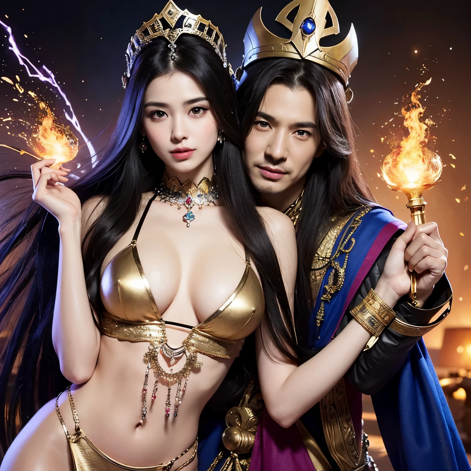 Warrior goddess couple, strong elegant, hyperdetailed face and eyes, mysterious sexy, dressed in Pharaoh lord's clothes, holding AK47, charming smile, Luis Royo, rainbow and galaxy glow, Rubens crack style, dnd character, complex, super meticulous detail, super sharp, masterpiece, expert, crazy detail, 48k resolution, perfect Pathenol temple layout