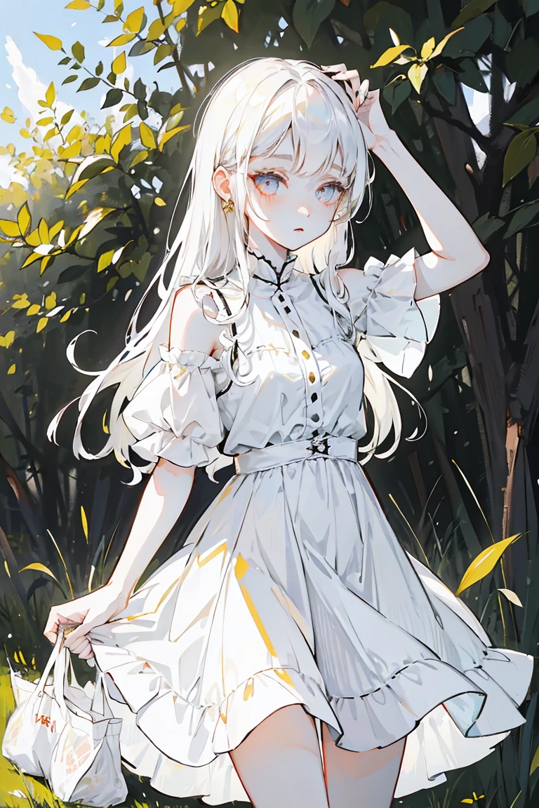 Girl with golden eyes , pale white skin , long white hair , , a somewhat short summer dress ,
