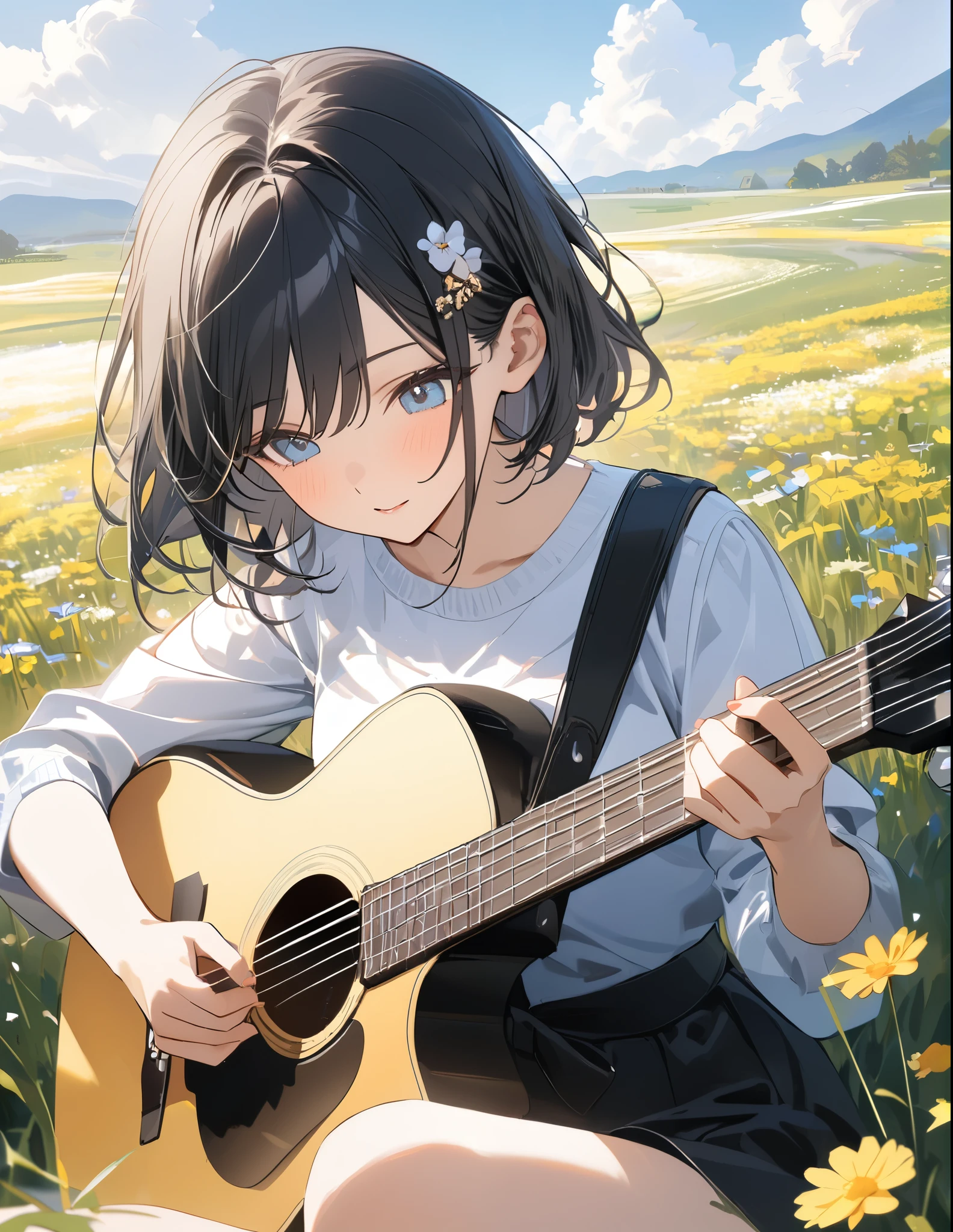 uhd, (masterpiece:1.2), best quality, highres, award winning, high details,Amazingly absurd、Extremely precise drawing、A girl playing guitar and singing in the grass、Sitting、The sky is blue and the flower fields and grasslands are impressive.,My hair is blowing in the wind、Black Hair、short hair、hair ornaments