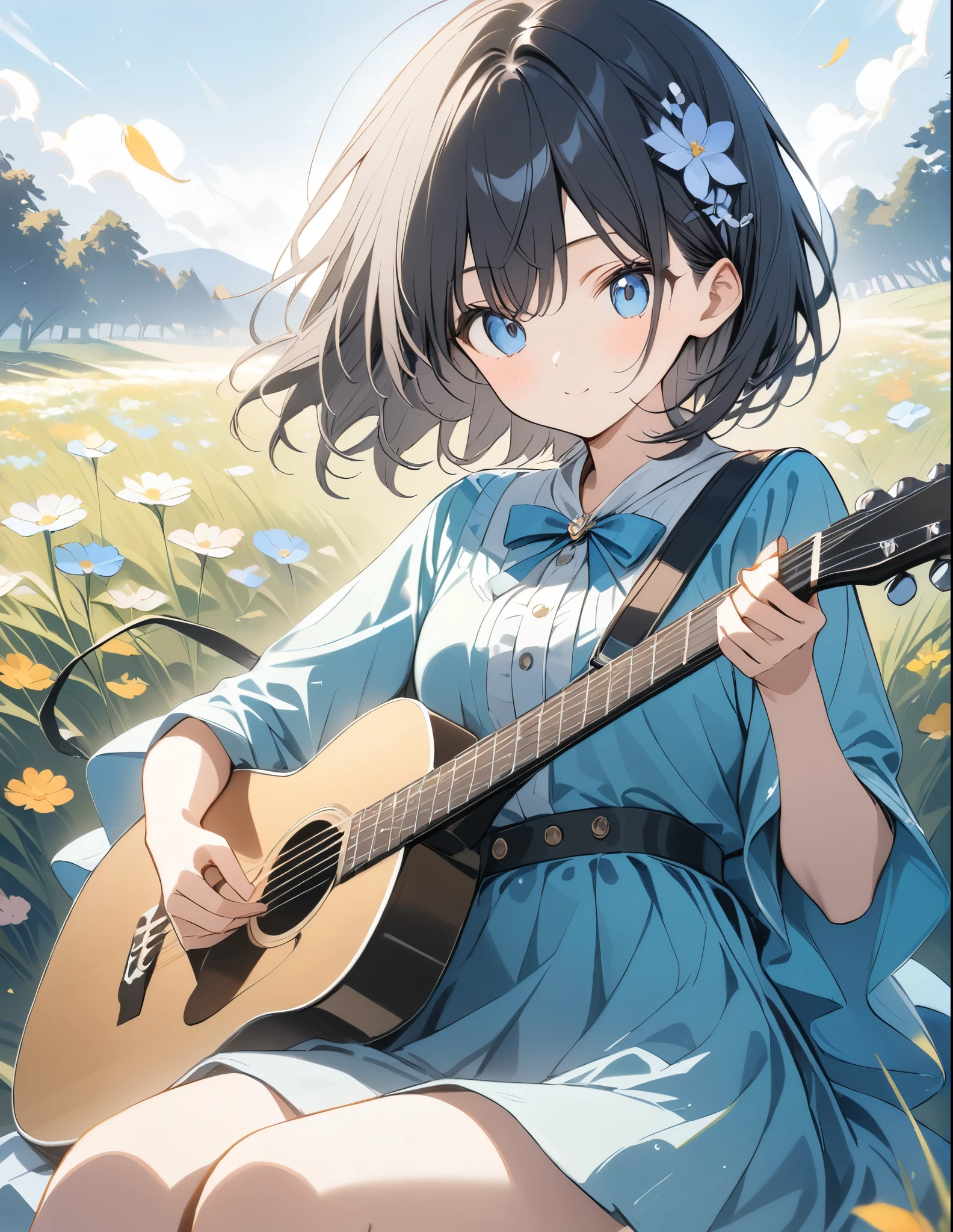 uhd, (masterpiece:1.2), best quality, highres, award winning, high details,A girl playing guitar and singing in the grass、Sitting、The sky is blue and the flower fields and grasslands are impressive.,My hair is blowing in the wind、Petals scattered here and there、Black Hair、short hair、hair ornaments、Light production、Beautiful effects