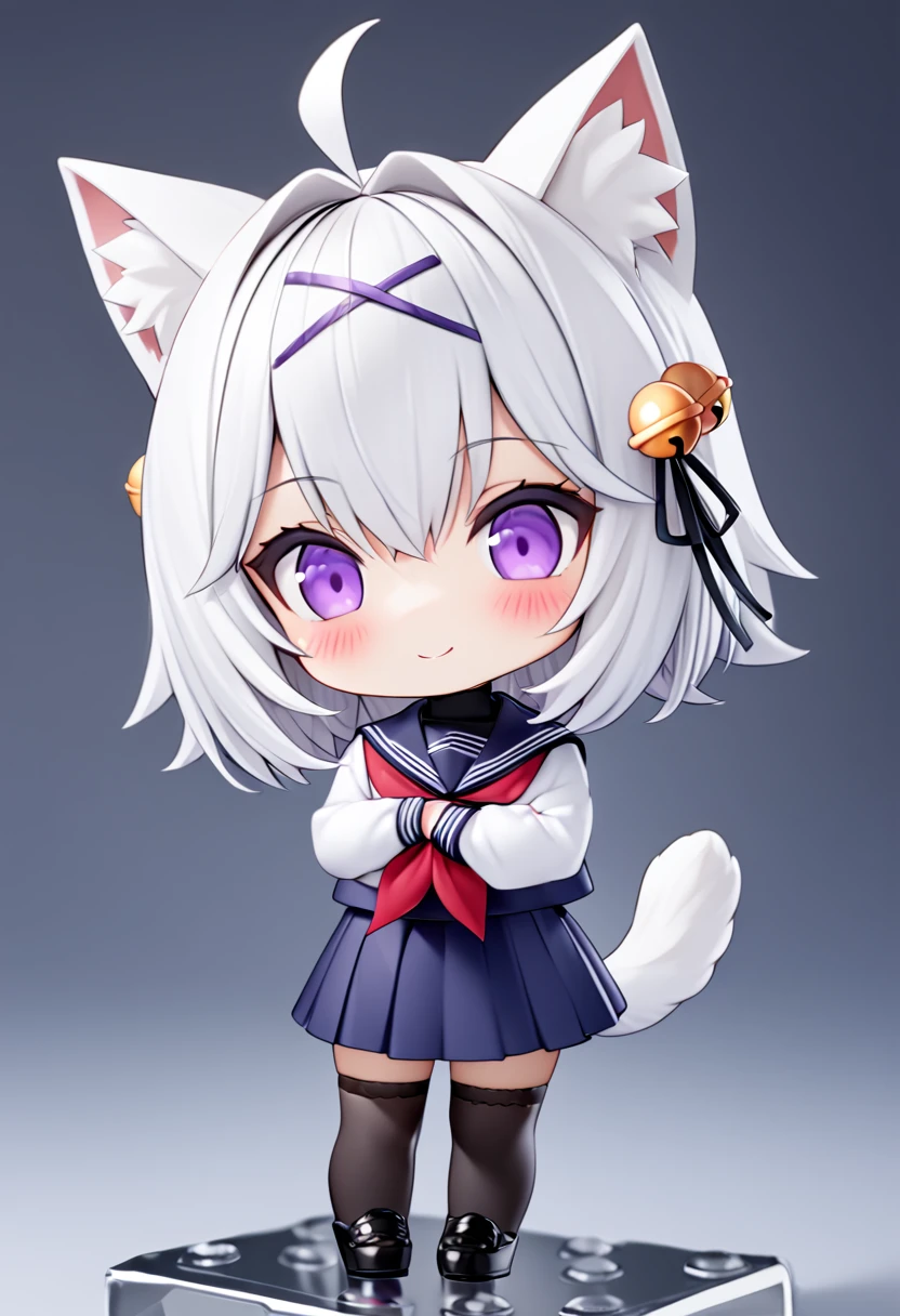 master piece, best quality, ultra-detailed, illustration, 1girl, solo, chibi, (big head), cute pose, Filiansailor, purple hairclip, hair bell white hair, short hair, cat ears, ahoge, purple eyes, blush, smiling, fluffy tail, serafuku, black turtleneck, red neckerchief, blue skirt, black stockings, black shoes, nendoroid, ((simple white background)), 