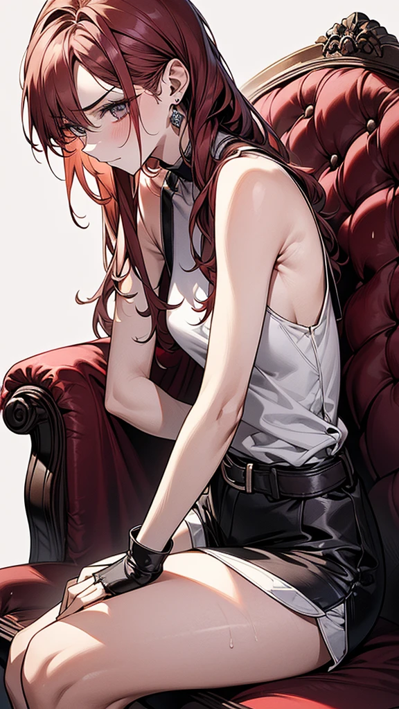 {{masterpiece}}, {{{Highest quality}}},{{Very detailed}},1girl,30years old,{Mature Woman}},Cowboy Shot,from side,{{Small breasts}},{{Female Fighter}},{{Shorts:1.4}},{{Sit on a chair and take a rest}},Slim body,{{Slender body}}、barefoot,{{A loose fitting white sleeveless tunic}}、Shorts　belt　　　black fingerless gloves　Red Hair　ruins,,{{v-shaped eyebrows}},Bad mood,blush、Sweat,　View your viewers、short boots