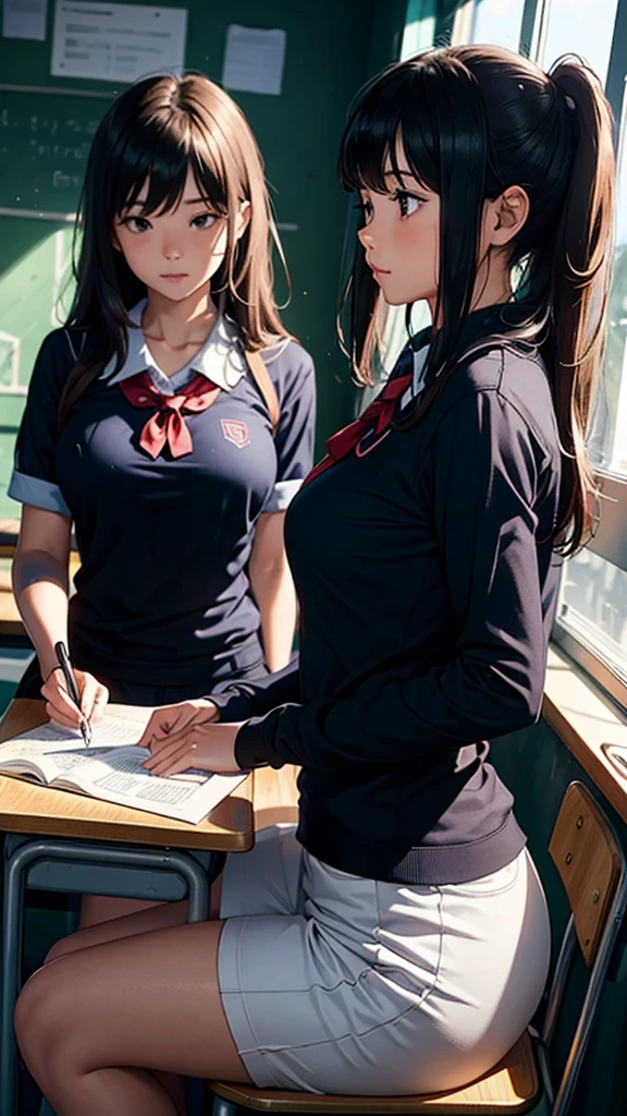 a young couple in a school classroom, girl wearing tight clothes he studying at a desk, morning sunlight streaming through windows,