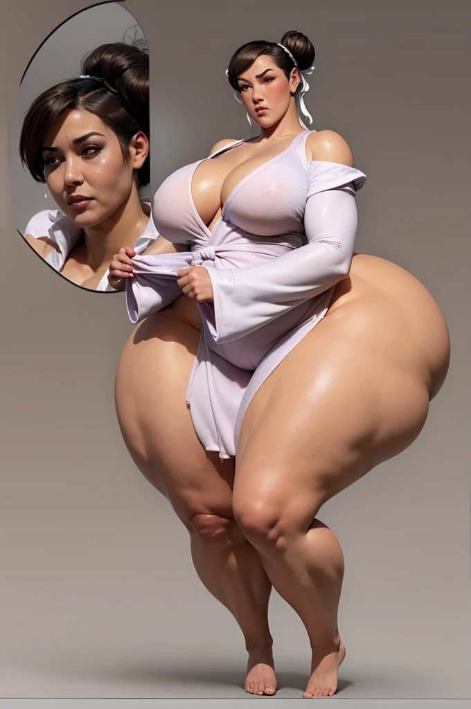 ((best quality)), ((master part)), (circunstanciado), rosto perfeito ((Chun li)), ((big ass)), Gigantic Breasts, Thick Thighs, Super Wide Hips, Huge Ass, Perfect Body ((character design sheet)), ((full body view)) illustration,1girl, ((detailed face:1.4)) beautiful woman, ((Chun li)), short brown hair, brown hair, brown eyes, double bun, hair ribbon, perspired, Sweaty body,Naturally glowing skin、 (loose:1.3)bath robe、Exposed shoulders、naked bathrobe、Worn bathrobe、disheveled bathrobe、Fully open bathrobe、body soaking wet、(Torn bathrobe)、Grab a bathrobe, rough sketches, pose, 8k,16k, (background, white background: 1.3))