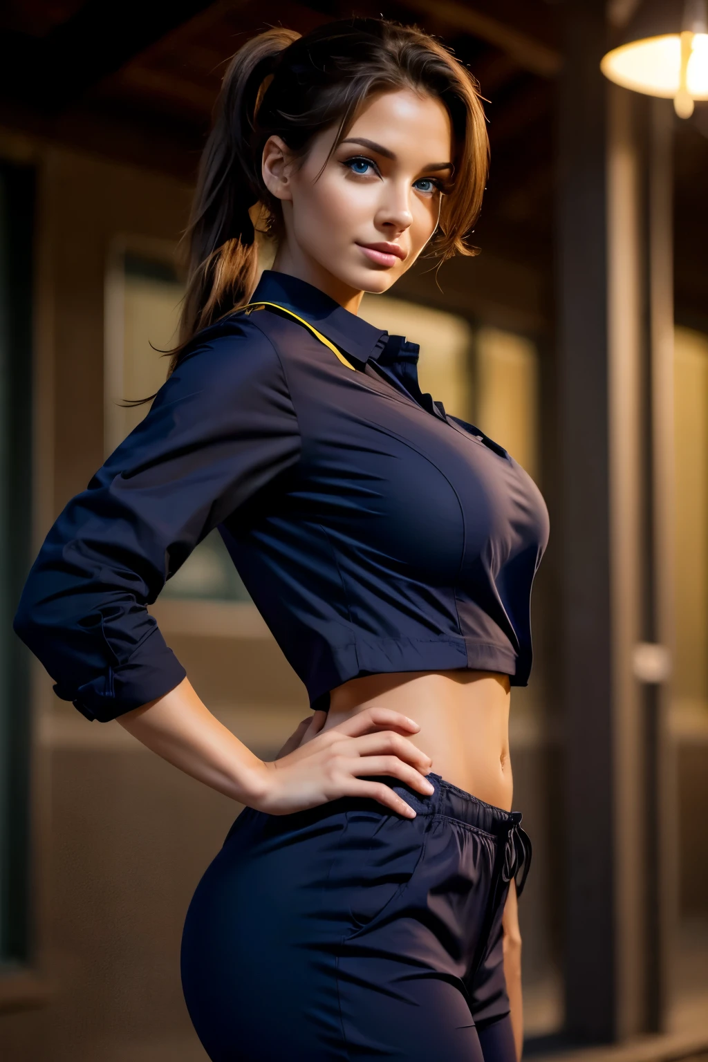 8K, Best Quality, 1girl, (skindentation), Night, (Dark), outdoor, Gorgeous,, (Clothing nurse Uniform:1.3),Soft Lighting, Attractive, doctor's office, (Mouth Closed:1.2, Beautiful Eyes, Detailed Eyes, Detailed Iris, Beautiful Lips, Beautiful Nose, Beautiful Face),(Primary Colors:1.2), upper body, hands on hips, front view, melissa sue anderson, perfect body, escultural body. large breast, ponytail