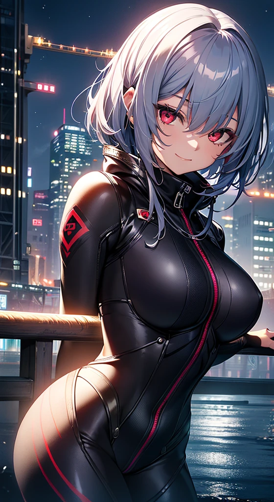 top-quality、Top image quality、in 8K,4K,masterpiece、、ultra-detailliert、Beautiful、ultra-quality、adult-like、Cool、girl with(((18year old、rubbersuit:1.2、、silber hair、a short bob、Red Eyes、erotick:1.1、Happiness、The tattoo)))、hiquality、visualart、Background with((nightcity:1.2))、masutepiece