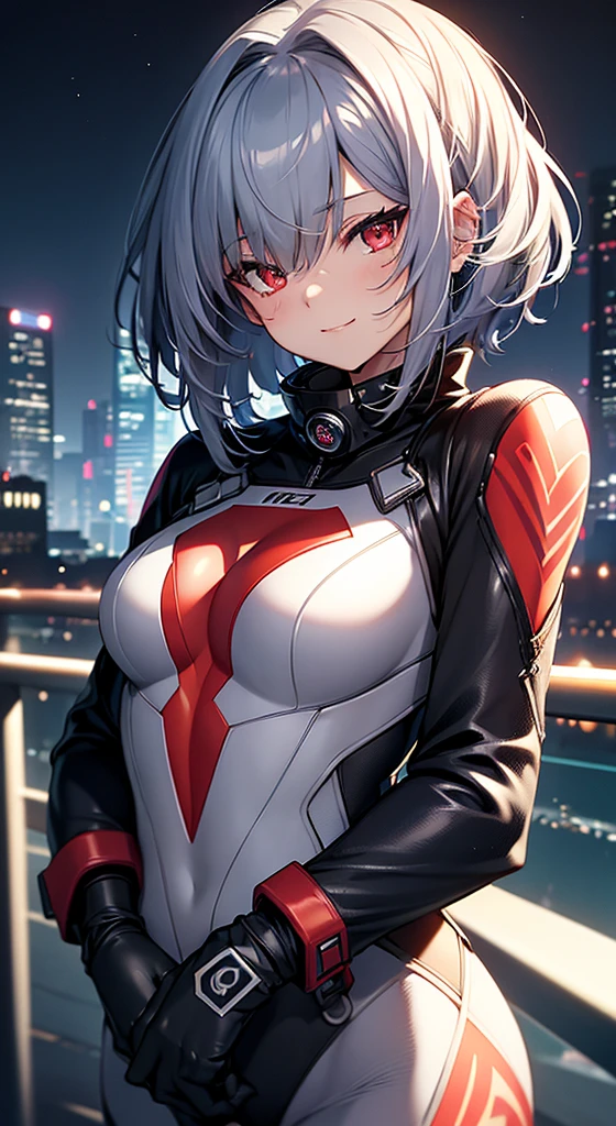 top-quality、Top image quality、in 8K,4K,masterpiece、、ultra-detailliert、Beautiful、ultra-quality、adult-like、Cool、girl with(((18year old、rubbersuit:1.2、、silber hair、a short bob、Red Eyes、erotick:1.1、Happiness、The tattoo)))、hiquality、visualart、Background with((nightcity:1.2))、masutepiece