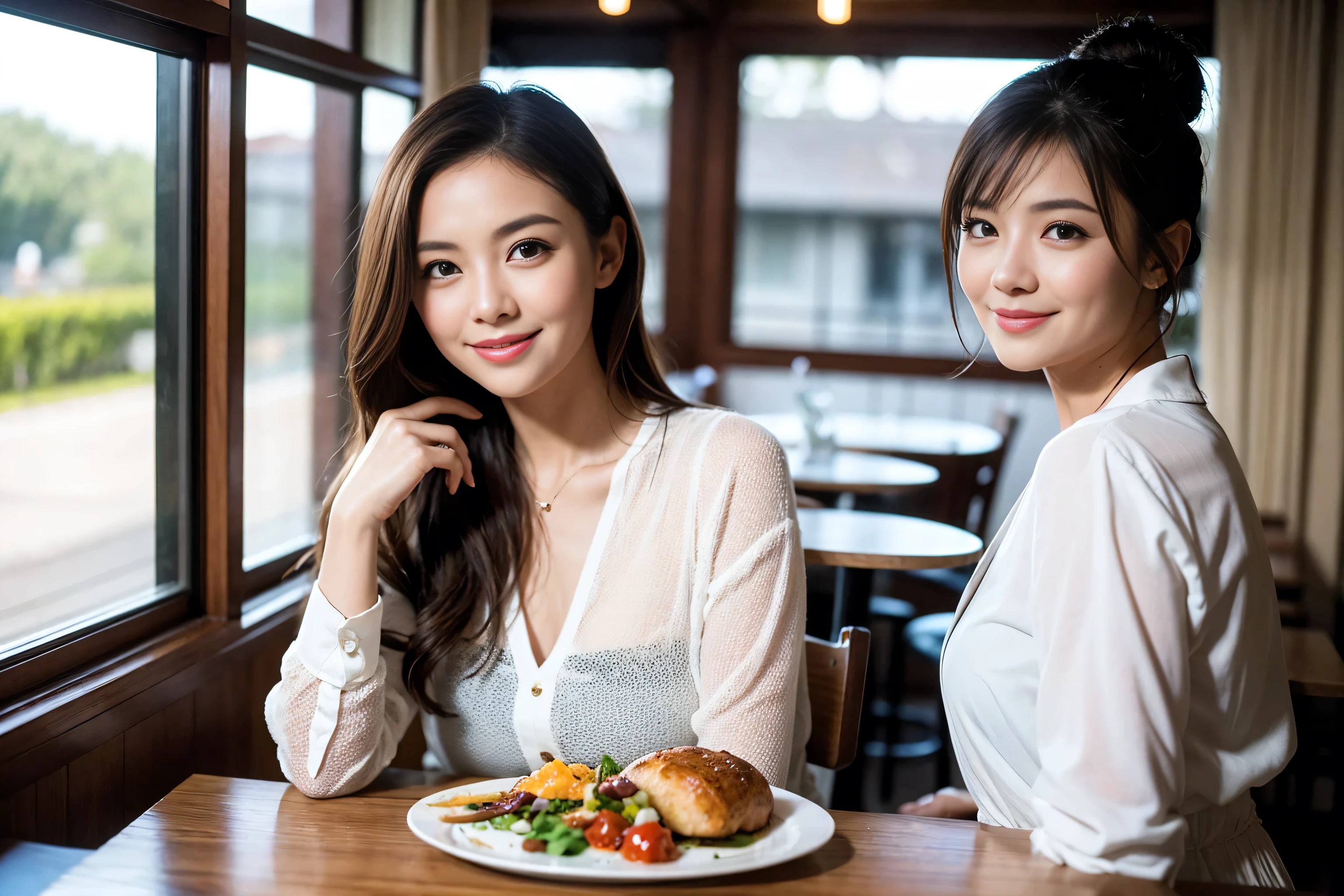 ((Highest quality、8k、masterpiece:1.3))、Slim couple、Model Couple、(Realistic, Intricate details:1.2), full-course dinner、Wine Party、Amazing view of the sunset sky and clouds、A bright smile、The wonderfulness of smile、Bright image、The beauty of wine, Beautiful Face, Blue eyes, The light shines on your face, blush, short hair,Bright Face、 (Age 37), 39 years old, red wine 、Appetizers、Italian food、Wine bottle、Champagne、sparkling wine、Two beauties、Brown Hair、Shortcuts、Long sleeve shirt、dress、Beautiful woman 1, (Slim face), (The body is slim), (Brown Hair), (Shortcuts), cheeks turn a little red,Attractive beauty、restaurant, In a prominent place (From the waist up) Nova Frog Style, actress, model, Upper Body, White wine, slim, wine glass, A wine glass placed in the center, smile, (smile: 1.15), Beautiful fine grain, Depth f/2,saturation, High Contrast, Strong light and shadow,Moist Body:1.5、3D texture、Delicate eyes、Brown Hair、The hair is very shiny、