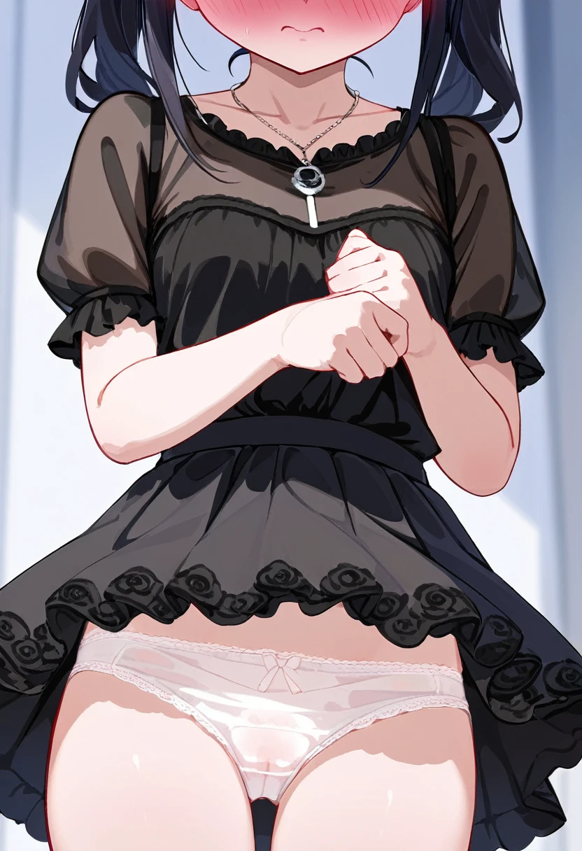 (High resolution:1.6),(solo, one girl:1.5),(cute girl),(Japanese:1.3),(Preteen:1.1),(black haircolor:1.4),(short mini bob hairstyle:1.1),(sweet smelling girl),(Bangs Bangs:1.3),(Shy girl:1.5),( See-through panties:1.3),(Lifted Skirt:1.4),(showing panties:1.4),(Necklace:1.2),(cute panties:1.4),(pleats skirt),(Frill lace black blouse:1.4),(Black blouse:1.5),(Color tights),(Embarrassed expression:1.3)