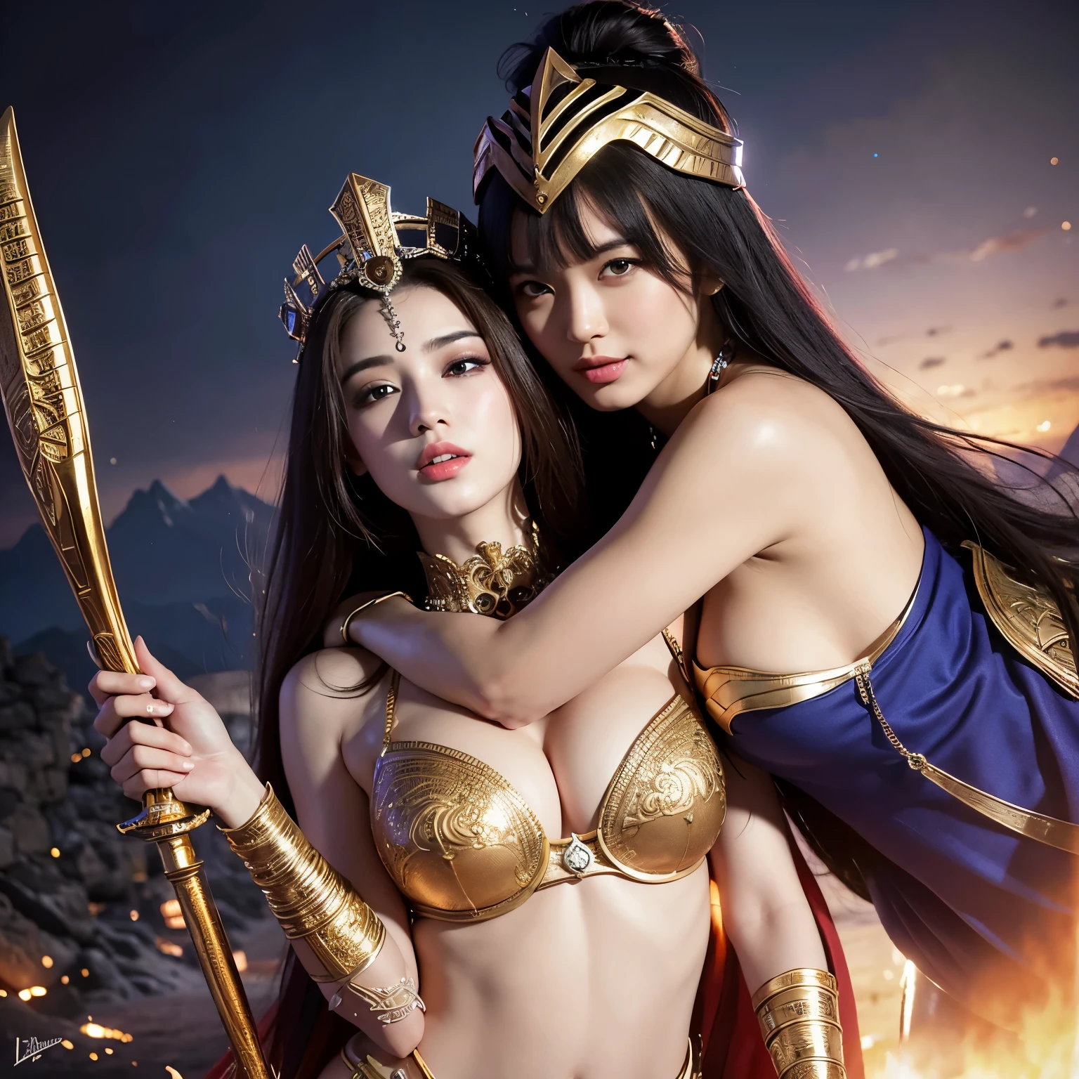 Warrior goddess couple, strong elegant, hyperdetailed face and eyes, mysterious sexy, dressed in Pharaoh lord's clothes, holding AK47, charming smile, Luis Royo, rainbow and galaxy glow, Rubens crack style, dnd character, complex, super meticulous detail, super sharp, masterpiece, expert, crazy detail, 48k resolution, perfect Pathenol temple layout