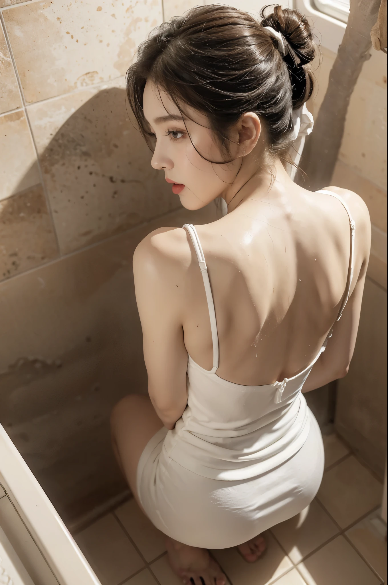 (((best quality))),(((ultra detailed))),(((masterpiece))),illustration,((1 beautiful girl,solo)),(standing:1.3),(flush toilet:1.3),((contorted pain embarrassment face)),(plain white dress:1.3),((slim,thin)),(short ponytail:1.2),((bare back)),(fair smooth skin:1.3),(large almond-shaped eyes:1.2),(discomfort),(in the narrow and enclosed toilet compartment:1.3),((dimly lit,cramped)),(filthy White ceramic tile floor:1.2),(dirt dust White ceramic tile wall:1.2),((stained)),(trash:1.3),(various colors fluids spilled:1.2),((stench urine,feces thick)),hard breathe,dim lighting,eerie shadows,agony eyes,(((sweat,wet))),maintain composure,unblemished smooth skin,delicate features,dirty surroundings,innocence,vulnerability,jarring sight,confines tiny disgusting room,((from back,upper body))