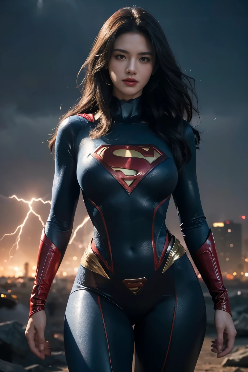 a woman in a superman costume, slim fit long pants, big thighs, lightning in background, detailed face, beautiful eyes, sharp focus, (best quality,4k,8k,highres,masterpiece:1.2),ultra-detailed,(realistic,photorealistic,photo-realistic:1.37),cinematic lighting, dramatic colors, epic, powerful, heroic