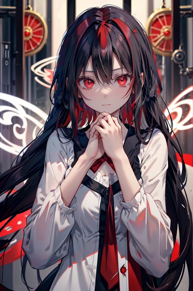 there is a drawing of a person with Red eyes and a black hair, an anime drawing inspiRed by Jin Homura, tumbler, auto-destructive art, with Red glowing eyes, fully Red eyes no pupils, with glowing Red eyes, fully Red eyes, with Red eyes, with a Red eyes, large Red eyes!!!, ((Red)) Loose eyes