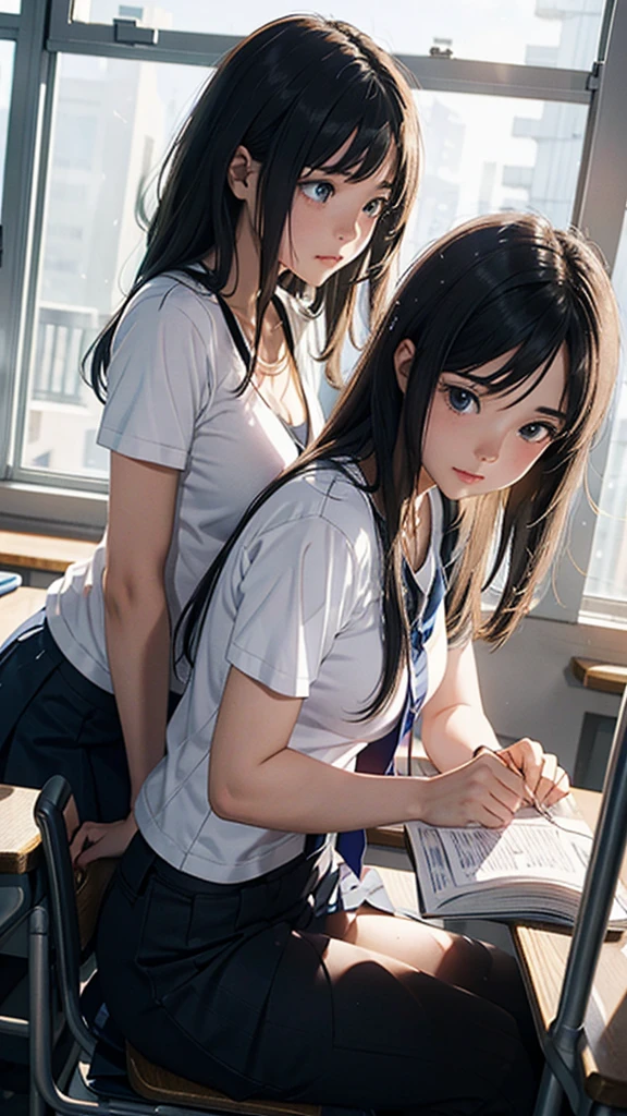 a young couple in a school classroom, girl wearing tight clothes he studying at a desk, morning sunlight streaming through windows,