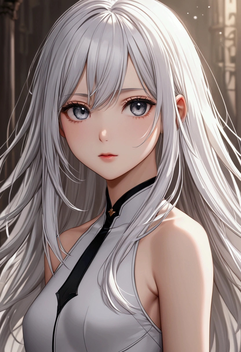 A girl with long white hair,grey eyes,fair skin tone,slender built,small height, detailed eyes, detailed body, 8k highres best quality. 