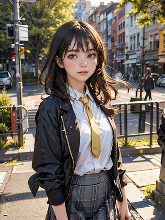 One girl, Intricate details, masterpiece, Highest quality, Very detailed,Cinema Lighting, Beautiful sparkle, Beautifully detailed face and eyes, 8k, Dark intense shadows, Yellow Eyes, Medium Hair, Black Hair, bangs, Floating Hair, Black jacket, Open jacket, White shirt, Expressionless, Yellow tie, Black Skirt, Spotlight, sunlight, sunrise, Gradient Sky, city, Lens flare, Cowboy Shot, [[Curvy]], [Mature Woman]