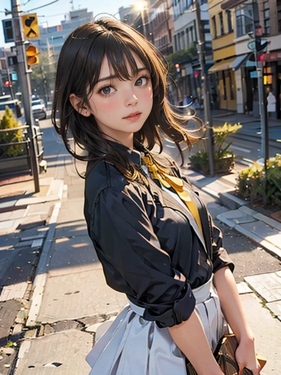 One girl, Intricate details, masterpiece, Highest quality, Very detailed,Cinema Lighting, Beautiful sparkle, Beautifully detailed face and eyes, 8k, Dark intense shadows, Yellow Eyes, Medium Hair, Black Hair, bangs, Floating Hair, Black jacket, Open jacket, White shirt, Expressionless, Yellow tie, Black Skirt, Spotlight, sunlight, sunrise, Gradient Sky, city, Lens flare, Cowboy Shot, [[Curvy]], [Mature Woman]