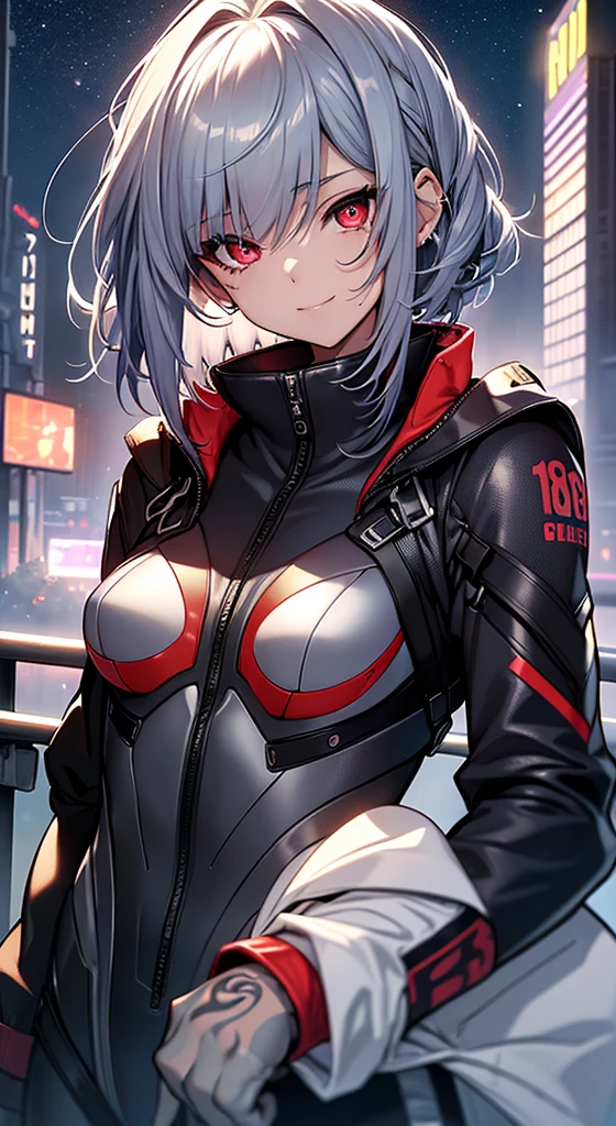 top-quality、Top image quality、in 8K,4K,masterpiece、、ultra-detailliert、Beautiful、ultra-quality、adult-like、Cool、girl with(((18year old、rubbersuit:1.2、、silber hair、a short bob、Red Eyes、erotick:1.1、Happiness、The tattoo)))、hiquality、visualart、Background with((nightcity:1.2))、masutepiece