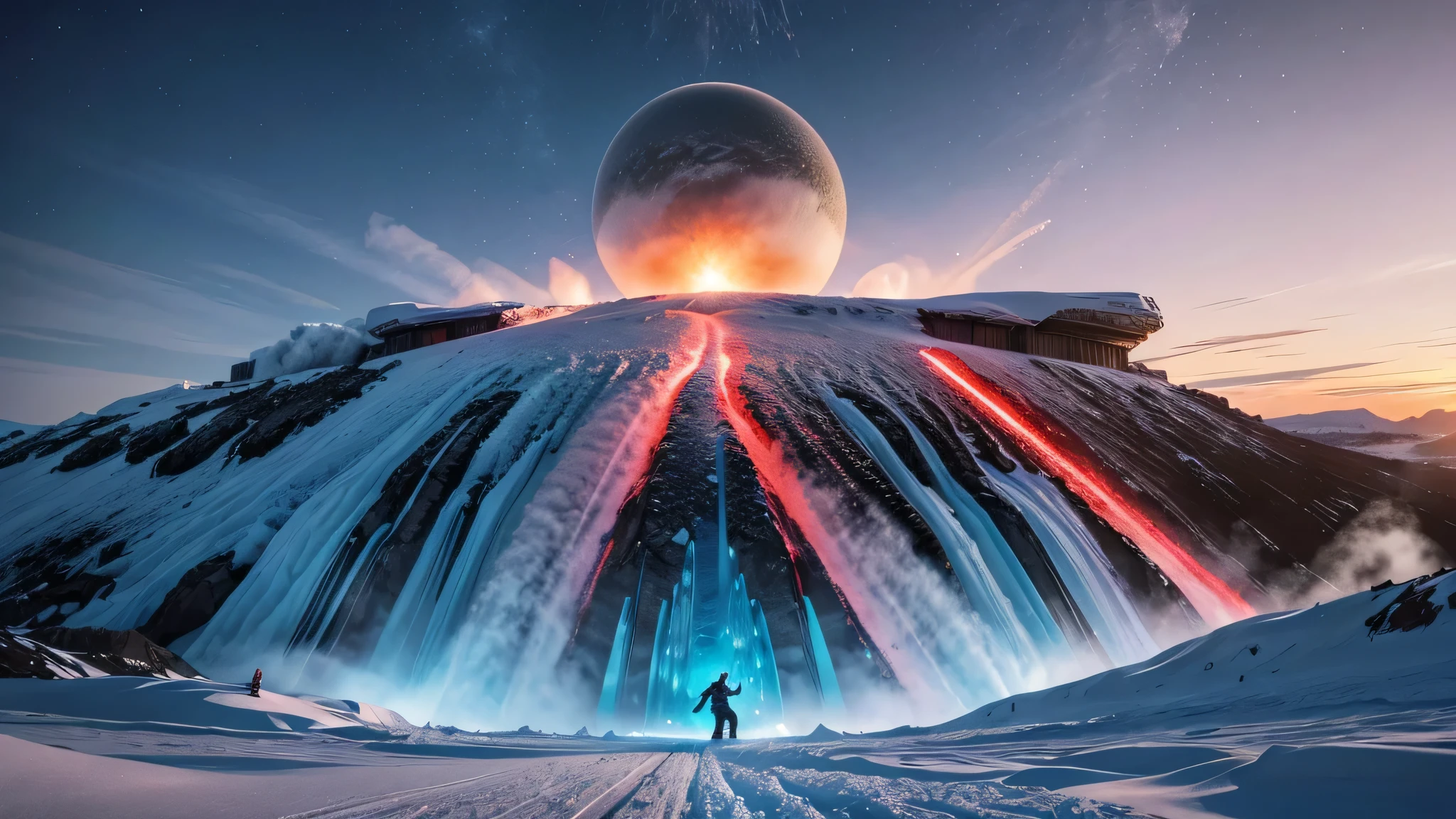 there is a snowboarder riding down a snowy mountain slope, an ice volcano, icy road on a planet of lava, industrial futuristic ice mine, amazingly epic visuals, stunning vfx, ice city in 2 0 8 0, highly detailed vfx scene, glinting particles of ice, a large sphere of red energy, red sprites in the atmosphere, movie screen shot SIMILAR TO THIS A TRAIN IS ADDED