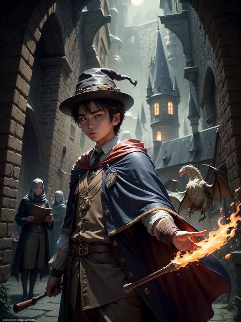 a wizard boy from Indonesia in a magical school, Hogwarts,cloak,a magical wand,playing quidditch with friends,magic spells,spellbook,A magical broomstick,butterbeer,flying on a broomstick,a hidden chamber,meeting Dumbledore,defeating the dark lord Voldemort,magical creatures like dragons and phoenixes,friendly ghosts,enchanted castle,sorting hat,learning potions and charms,exciting adventures,heroic battles,loyal friendships,luminous landscapes,mystical atmosphere,(best quality,ultra-detailed:1.2),(realistic:1.37),vivid colors,bokeh,illuminating light