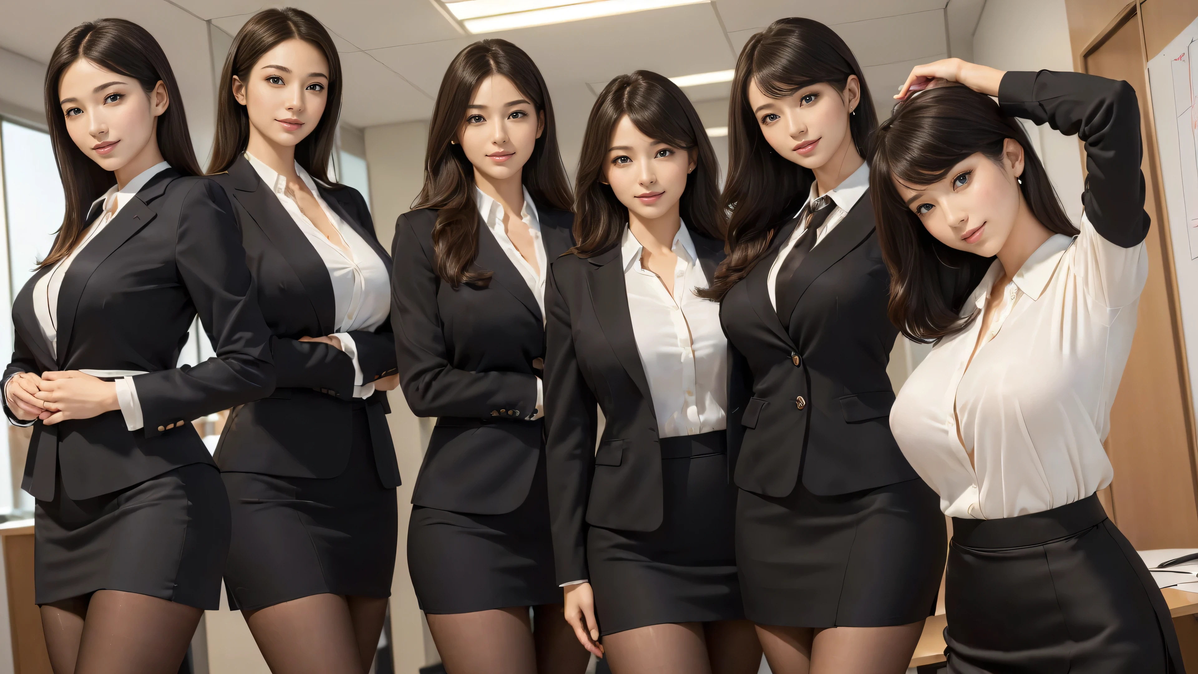 (best quality, masterpiece:1.5), (ultra-detailed, realistic:1.37),4K,(4woman:1.5),(smile:1.3),(4group photo),japanese,cute,beautiful,(big breast),(silk office suits),(skirt),blouse,(silk black pantyhose),beauty legs,(sexy pose:1.1),(fold your arms behind your head:1.3),(angle from below:1.2),(standing:1.2),(various hairstyle women:1.2),office group