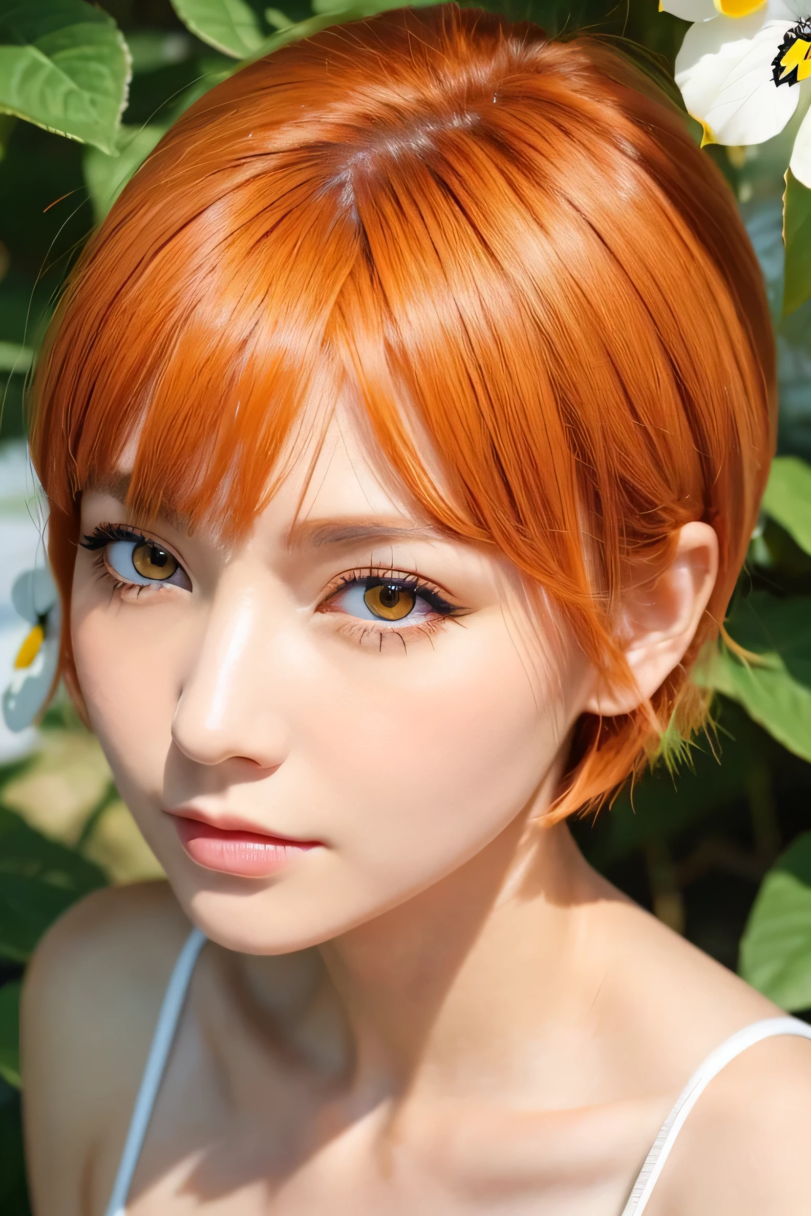 Beautiful adult woman、((Orange short hair))(Yellow Eyes))、Face close-up、Swallowtail butterfly