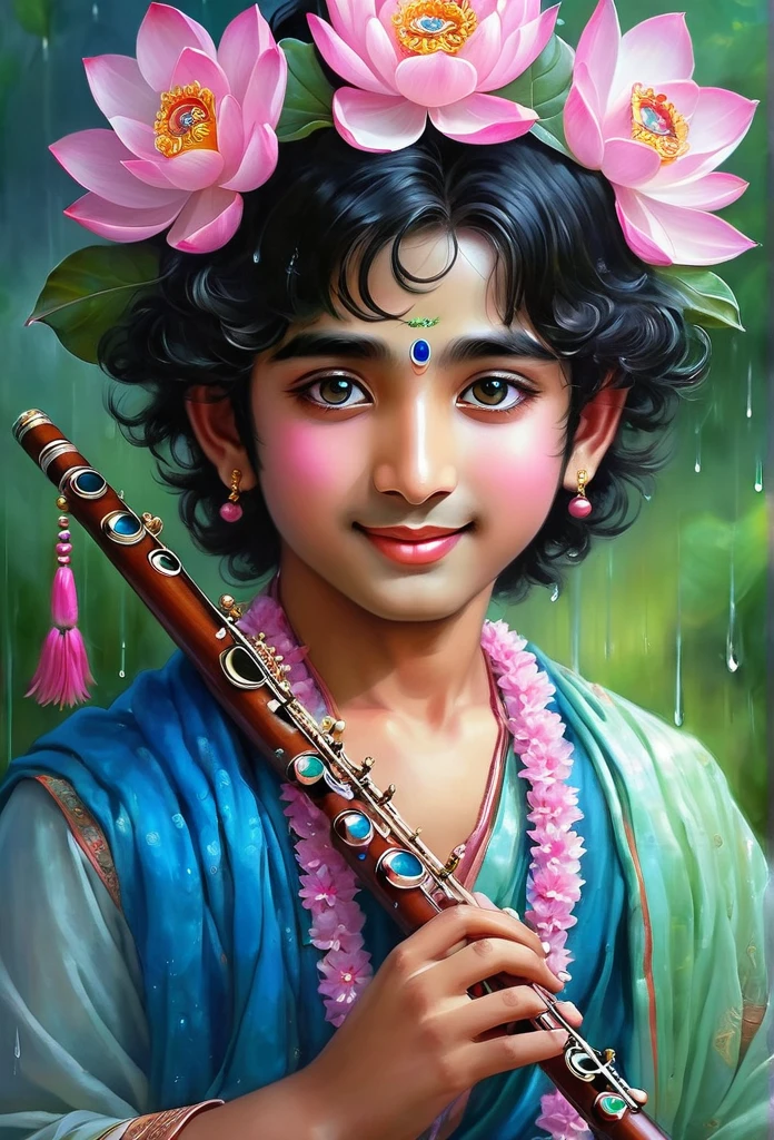 He is a beautiful youth with a glowing complexion the color of rain clouds. He plays a flute, attracting the hearts of all. His cheeks are brilliant, His smiling enchanting. He wears a peacock feather in His curly black hair and a flower garland around His neck The corners of Her eyes are tinged with the color of a pink lotus flower or pink rose. Her eyes are prominently blue, but other colors are mixed in with the blue, representing the eight sakhis surrounding Krsna in the pupil.he is a Indian boy