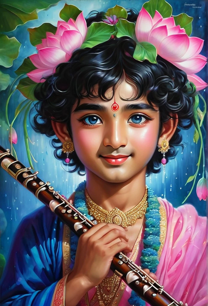 He is a beautiful youth with a glowing complexion the color of rain clouds. He plays a flute, attracting the hearts of all. His cheeks are brilliant, His smiling enchanting. He wears a peacock feather in His curly black hair and a flower garland around His neck The corners of Her eyes are tinged with the color of a pink lotus flower or pink rose. Her eyes are prominently blue, but other colors are mixed in with the blue, representing the eight sakhis surrounding Krsna in the pupil.he is a Indian boy